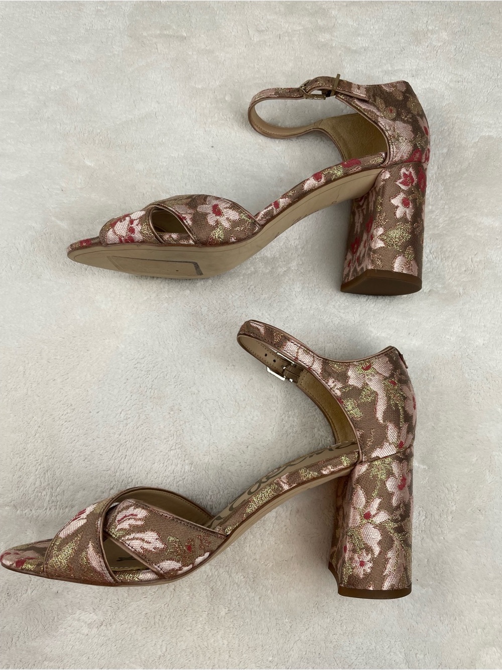 Sam Edelman Metallic Rose Gold Floral Block-Heel Sandals - Picture 3 of 6